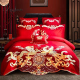 Pisoshare 4/6Pcs Luxury Loong Phoenix Embroidery Red Duvet Cover Bed Sheet Cotton Chinese Style