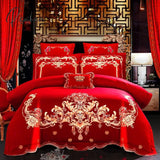 Pisoshare 4/6Pcs Luxury Loong Phoenix Embroidery Red Duvet Cover Bed Sheet Cotton Chinese Style