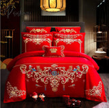 Pisoshare 4/6Pcs Luxury Loong Phoenix Embroidery Red Duvet Cover Bed Sheet Cotton Chinese Style