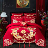 Pisoshare 4/6Pcs Luxury Loong Phoenix Embroidery Red Duvet Cover Bed Sheet Cotton Chinese Style