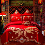 Pisoshare 4/6Pcs Luxury Loong Phoenix Embroidery Red Duvet Cover Bed Sheet Cotton Chinese Style