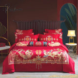 Pisoshare 4/6Pcs Luxury Loong Phoenix Embroidery Red Duvet Cover Bed Sheet Cotton Chinese Style