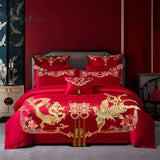 Pisoshare 4/6Pcs Luxury Loong Phoenix Embroidery Red Duvet Cover Bed Sheet Cotton Chinese Style