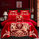 Pisoshare 4/6Pcs Luxury Loong Phoenix Embroidery Red Duvet Cover Bed Sheet Cotton Chinese Style