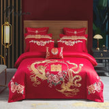 Pisoshare 4/6Pcs Luxury Loong Phoenix Embroidery Red Duvet Cover Bed Sheet Cotton Chinese Style