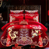 Pisoshare 4/6Pcs Luxury Loong Phoenix Embroidery Red Duvet Cover Bed Sheet Cotton Chinese Style