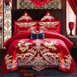 Pisoshare 4/6Pcs Luxury Loong Phoenix Embroidery Red Duvet Cover Bed Sheet Cotton Chinese Style