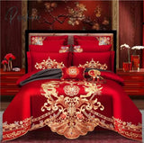 Pisoshare 4/6Pcs Luxury Loong Phoenix Embroidery Red Duvet Cover Bed Sheet Cotton Chinese Style