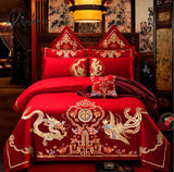 Pisoshare 4/6Pcs Luxury Loong Phoenix Embroidery Red Duvet Cover Bed Sheet Cotton Chinese Style