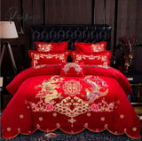 Pisoshare 4/6Pcs Luxury Loong Phoenix Embroidery Red Duvet Cover Bed Sheet Cotton Chinese Style