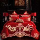 Pisoshare 4/6Pcs Luxury Loong Phoenix Embroidery Red Duvet Cover Bed Sheet Cotton Chinese Style