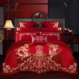 Pisoshare 4/6Pcs Luxury Loong Phoenix Embroidery Red Duvet Cover Bed Sheet Cotton Chinese Style