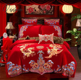 Pisoshare 4/6Pcs Luxury Loong Phoenix Embroidery Red Duvet Cover Bed Sheet Cotton Chinese Style