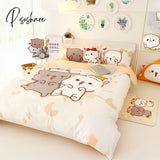 Pisoshare 4Pcs Set Kawaii Cat Bed Sheet Cotton Bedding Soft Comforter Cover Twin Full Queen Size