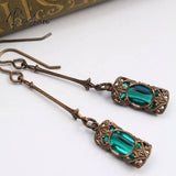 Pisoshare Antique Gold Color Carved Hollow Inlaid Green Stones Dangle Earrings For Women Retro