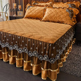 Pisoshare Bed Skirt Luxury Super Soft Crystal Velvet Fleece Lace Ruffles Quilted Mattress Cover