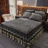 Pisoshare Bed Skirt Luxury Super Soft Crystal Velvet Fleece Lace Ruffles Quilted Mattress Cover