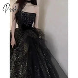 Pisoshare - Black Evening Dress Light Luxury Ceremony Host Suit Sexy Skirt Sleeveless Shimmer