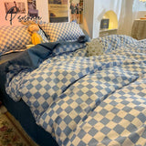 Pisoshare Blue Checkerboard Print Bedding Sets Nordic Duvet Cover Simple Lattice Quilt Bed Sheet