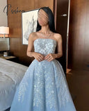 Pisoshare - Blue Fairy Beaded Flower Wedding Evening Dress Off Shoulder Sleeveless Formal Prom