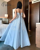 Pisoshare - Blue Fairy Beaded Flower Wedding Evening Dress Off Shoulder Sleeveless Formal Prom