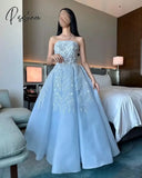 Pisoshare - Blue Fairy Beaded Flower Wedding Evening Dress Off Shoulder Sleeveless Formal Prom