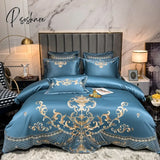 Pisoshare Blue Glossy Bedding Set Luxury Royal Gold Embroidery Satin Cotton Double Duvet Cover