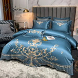 Pisoshare Blue Glossy Bedding Set Luxury Royal Gold Embroidery Satin Cotton Double Duvet Cover