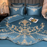 Pisoshare Blue Glossy Bedding Set Luxury Royal Gold Embroidery Satin Cotton Double Duvet Cover