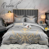 Pisoshare Blue Glossy Bedding Set Luxury Royal Gold Embroidery Satin Cotton Double Duvet Cover