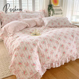 Pisoshare Bonenjoy Pink Color Duvet Cover With Ruffles 100% Cotton Flower Printed Housse De Couette