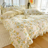 Pisoshare Bonenjoy Pink Color Duvet Cover With Ruffles 100% Cotton Flower Printed Housse De Couette