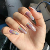 Pisoshare Cat Eye Press On Nails Shiny Rainbow Fake Nail Sweet Style Full Finished Piece Wearable