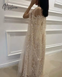Pisoshare - Champagne A-Line Arab Evening Party Dress With Sequin Floral Shawl Bride Prom Gown