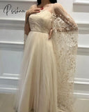 Pisoshare - Champagne A-Line Arab Evening Party Dress With Sequin Floral Shawl Bride Prom Gown