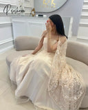 Pisoshare - Champagne A-Line Arab Evening Party Dress With Sequin Floral Shawl Bride Prom Gown