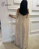 Pisoshare - Champagne A-Line Arab Evening Party Dress With Sequin Floral Shawl Bride Prom Gown