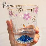 Pisoshare Creative Sakura Mount Fuji Glass Tea Cup Mug Wineglass Clean Glasses With Double Bottom