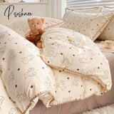 Pisoshare Cute Cartoon Bear Bedding Set Simple Duvet Cover Cotton Bed Linens Bed Sheets Pillowcase Single Double For Kids Decor Home