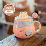 Pisoshare Cute Donut Ceramic Mug With Lid Spoon Pink Girl Office Student Coffee Mugs For Couple