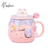 Pisoshare Cute Donut Ceramic Mug With Lid Spoon Pink Girl Office Student Coffee Mugs For Couple