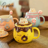 Pisoshare Cute Donut Ceramic Mug With Lid Spoon Pink Girl Office Student Coffee Mugs For Couple