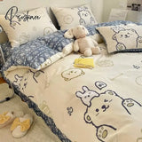 Pisoshare Cute Ins 100% Cotton Bedding Set For Couple Girls Princess Style Duvet Cover With Flat