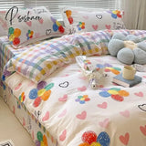 Pisoshare Cute Ins 100% Cotton Bedding Set For Couple Girls Princess Style Duvet Cover With Flat