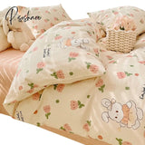 Pisoshare Cute Ins 100% Cotton Bedding Set For Couple Girls Princess Style Duvet Cover With Flat