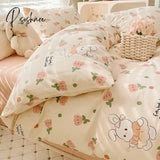 Pisoshare Cute Ins 100% Cotton Bedding Set For Couple Girls Princess Style Duvet Cover With Flat