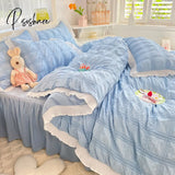 Pisoshare Cute Princess Style Seersucker Bedding Set For Women Cotton Solid Color Ruffle Bed Skirt