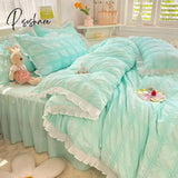 Pisoshare Cute Princess Style Seersucker Bedding Set For Women Cotton Solid Color Ruffle Bed Skirt