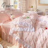 Pisoshare Cute Princess Style Seersucker Bedding Set For Women Cotton Solid Color Ruffle Bed Skirt