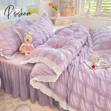 Pisoshare Cute Princess Style Seersucker Bedding Set For Women Cotton Solid Color Ruffle Bed Skirt